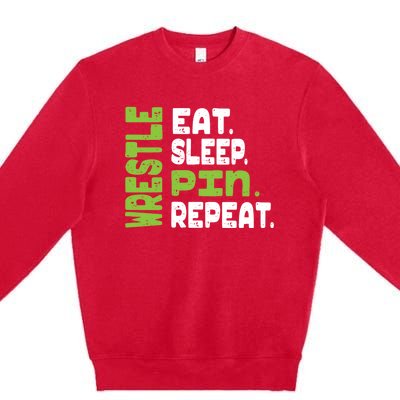 Eat Sleep Wrestle Repeat Wrestling Warm Up Gift Premium Crewneck Sweatshirt