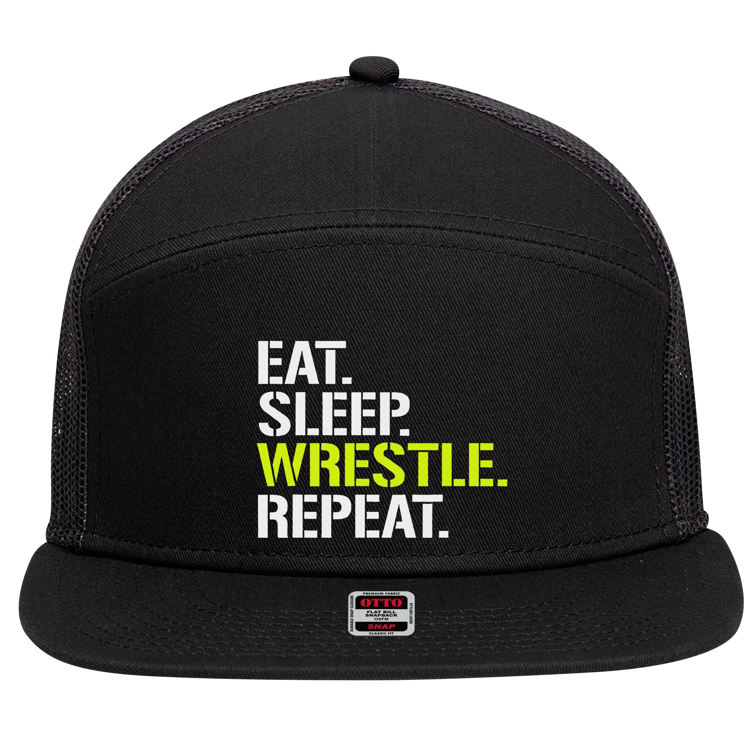 Eat Sleep Wrestle Repeat Cool Wrestling 7 Panel Mesh Trucker Snapback Hat