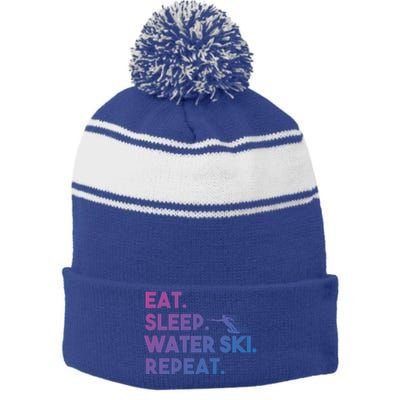 Eat Sleep Water Ski Repeat Funny Water Skier Skiing Lover Cool Gift Stripe Pom Pom Beanie