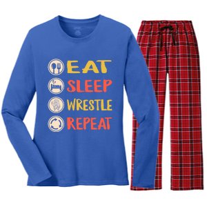 Eat Sleep Wrestle Repeat Wresting Wrestler Combat Coach Meaningful Gift Women's Long Sleeve Flannel Pajama Set 