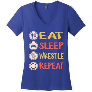 Eat Sleep Wrestle Repeat Wresting Wrestler Combat Coach Meaningful Gift Women's V-Neck T-Shirt