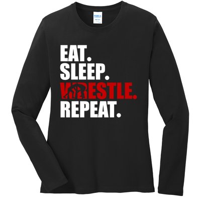 Eat Sleep Wrestle, Repeat Wrestle Ladies Long Sleeve Shirt