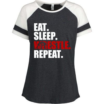 Eat Sleep Wrestle, Repeat Wrestle Enza Ladies Jersey Colorblock Tee