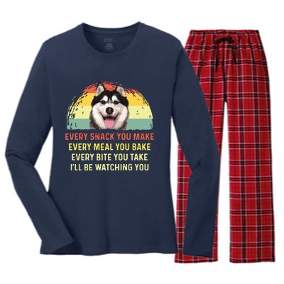 Every Snack You Make Husky Dog Mom Dog Dad Retro Premium Women's Long Sleeve Flannel Pajama Set 