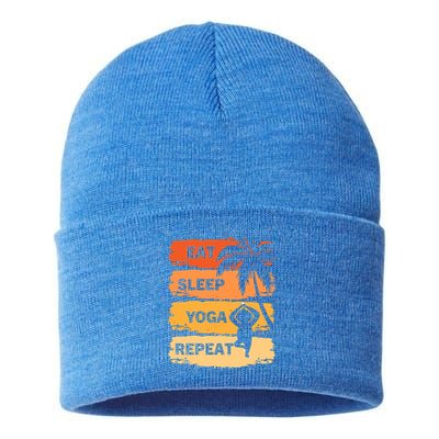 Eat Sleep Yoga Repeat Vintage Retro Yoga Sloth Summer Gift Sustainable Knit Beanie