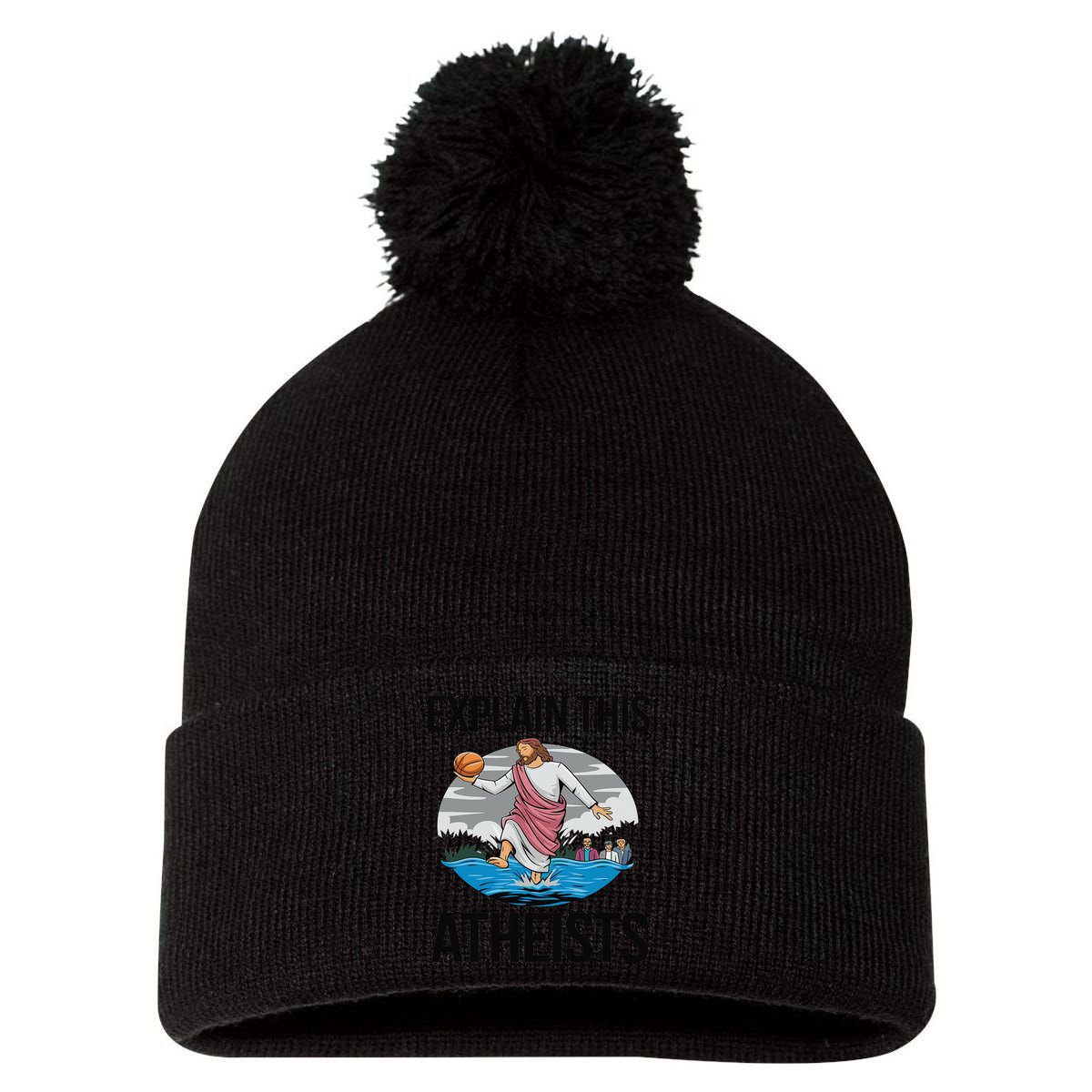 Explain This Atheists Jesus Basketball Funny Memes Gen-Z Pom Pom 12in Knit Beanie