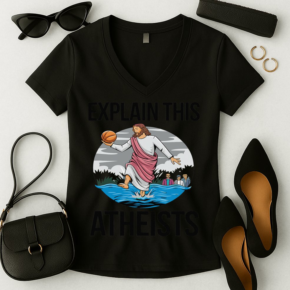 Explain This Atheists Jesus Basketball Funny Memes Gen-Z Women's V-Neck T-Shirt