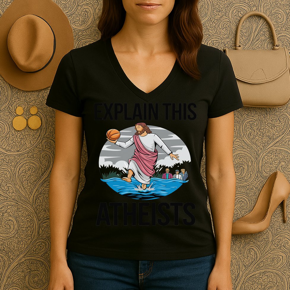 Explain This Atheists Jesus Basketball Funny Memes Gen-Z Women's V-Neck T-Shirt