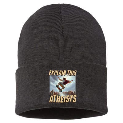 Explain This Atheists Funny Meme Jesus Skateboarding Sustainable Knit Beanie
