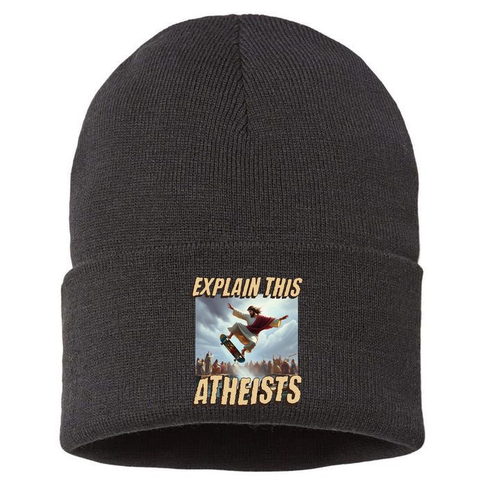 Explain This Atheists Funny Meme Jesus Skateboarding Sustainable Knit Beanie