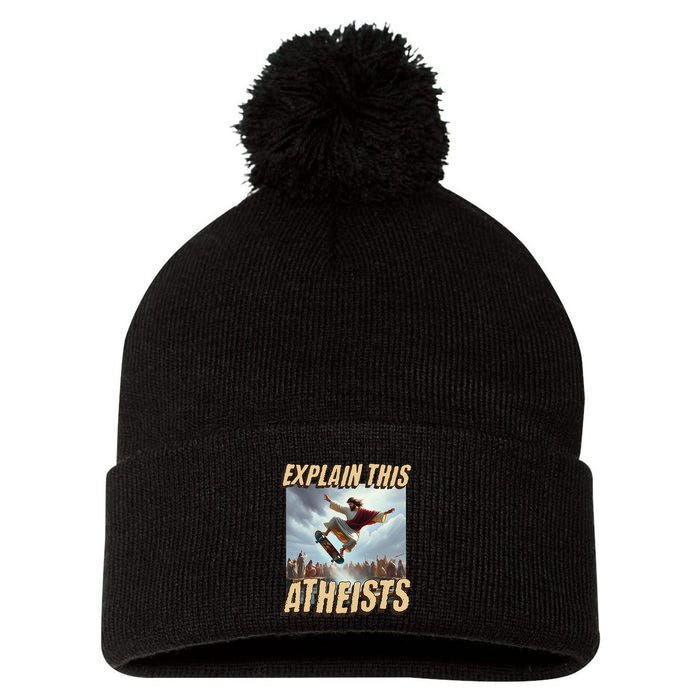 Explain This Atheists Funny Meme Jesus Skateboarding Pom Pom 12in Knit Beanie