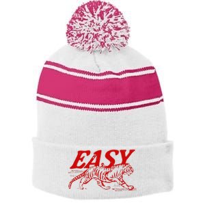 Easy Tiger Distressed Graphic Stripe Pom Pom Beanie