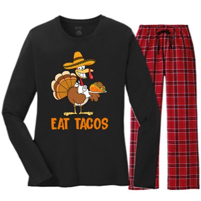 Eat Tacos Funny Turkey Thanksgiving Holiday Women's Long Sleeve Flannel Pajama Set 