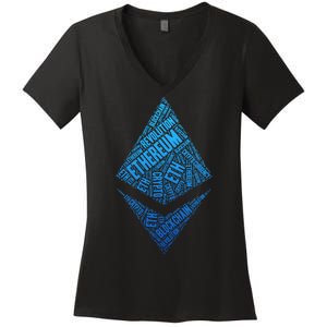 Ethereum Block Chain Revolution Crypto World Cloud Women's V-Neck T-Shirt