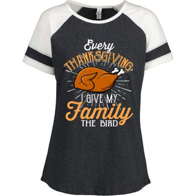 Every Thanksgiving I Give My Family The Bird Funny Turkey Enza Ladies Jersey Colorblock Tee