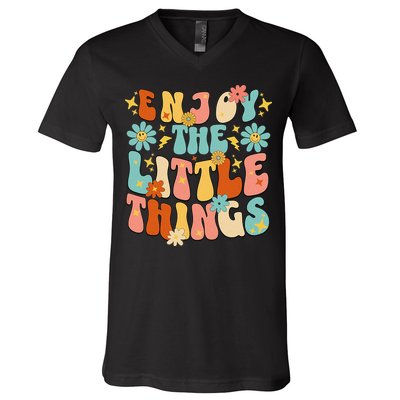 Enjoy The Little Things Positive Sayings Groovy Retro  V-Neck T-Shirt