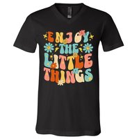 Enjoy The Little Things Positive Sayings Groovy Retro  V-Neck T-Shirt