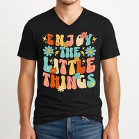Enjoy The Little Things Positive Sayings Groovy Retro  V-Neck T-Shirt