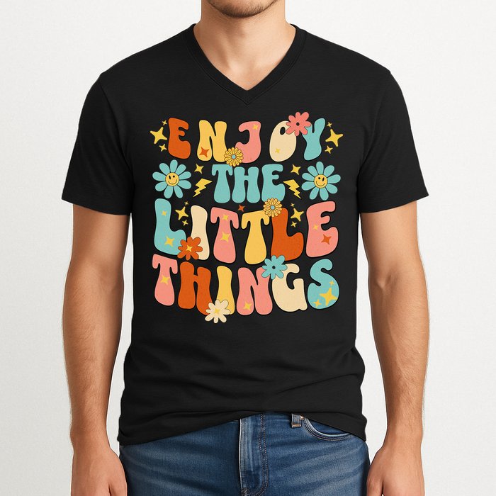 Enjoy The Little Things Positive Sayings Groovy Retro  V-Neck T-Shirt
