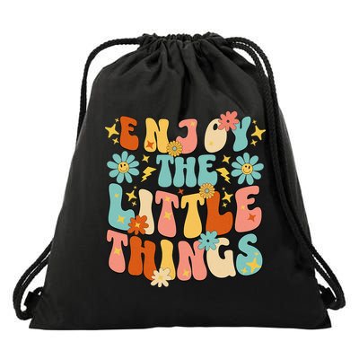 Enjoy The Little Things Positive Sayings Groovy Retro  Drawstring Bag
