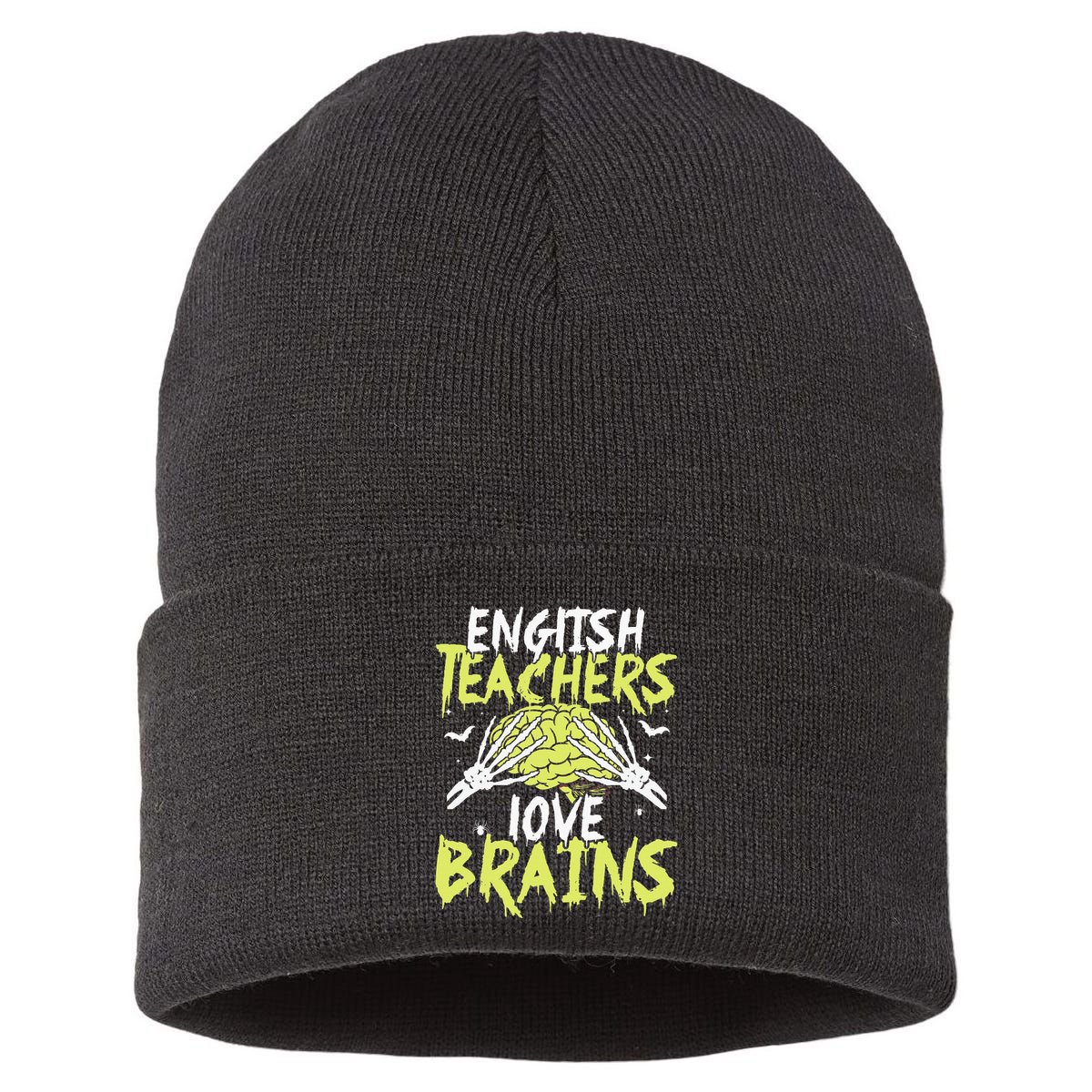 English Teachers Love Brains Funny Halloween Teacher Sustainable Knit Beanie