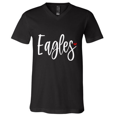 Eagles Team Pride School Spirit White Red Heart V-Neck T-Shirt