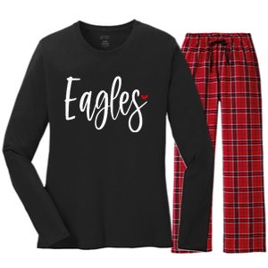 Eagles Team Pride School Spirit White Red Heart Women's Long Sleeve Flannel Pajama Set 