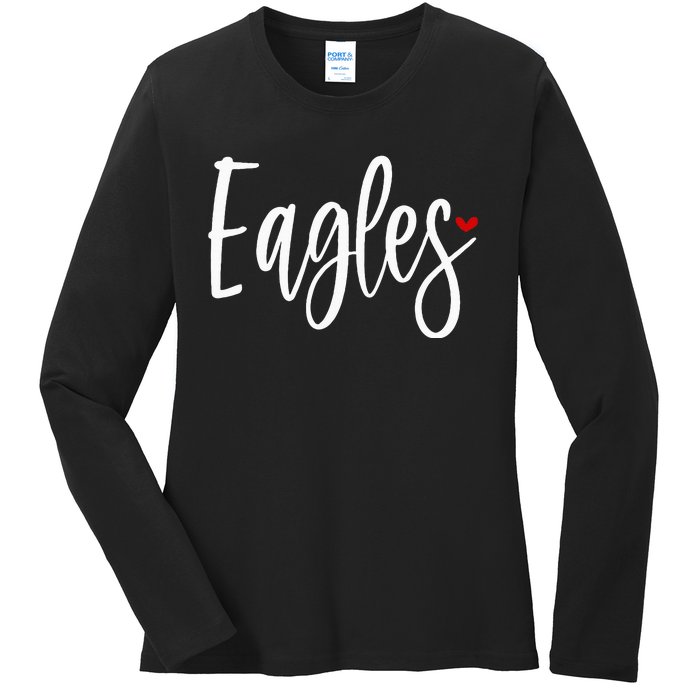 Eagles Team Pride School Spirit White Red Heart Ladies Long Sleeve Shirt