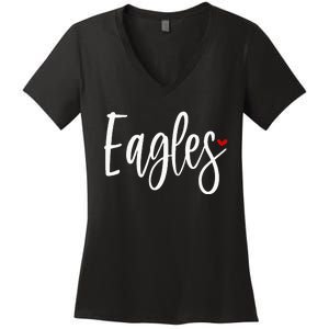 Eagles Team Pride School Spirit White Red Heart Women's V-Neck T-Shirt