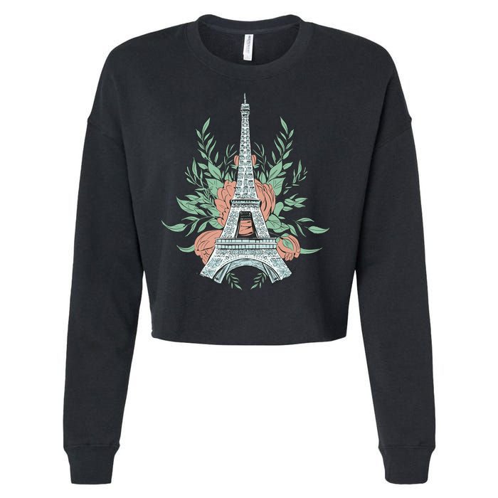 Eiffel Tower Rose Floral Cropped Pullover Crew