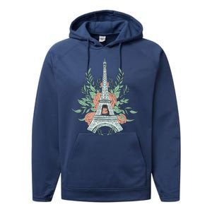 Eiffel Tower Rose Floral Performance Fleece Hoodie