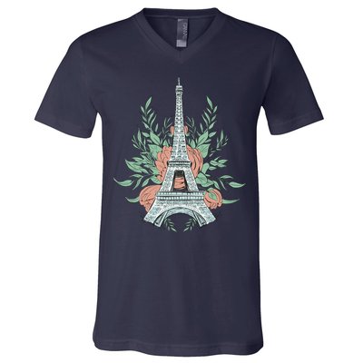 Eiffel Tower Rose Floral V-Neck T-Shirt