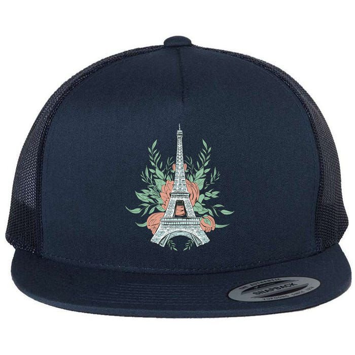 Eiffel Tower Rose Floral Flat Bill Trucker Hat