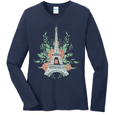 Eiffel Tower Rose Floral Ladies Long Sleeve Shirt