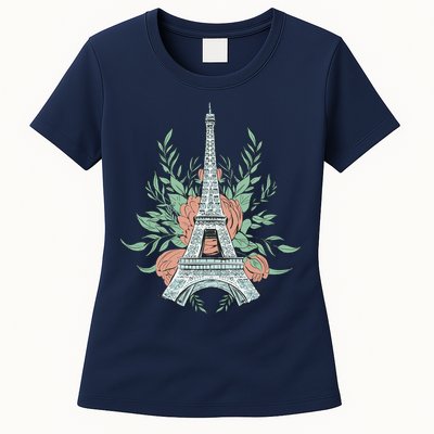 Eiffel Tower Rose Floral Womens T-Shirt