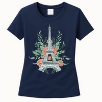 Eiffel Tower Rose Floral Womens T-Shirt