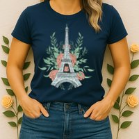Eiffel Tower Rose Floral Womens T-Shirt