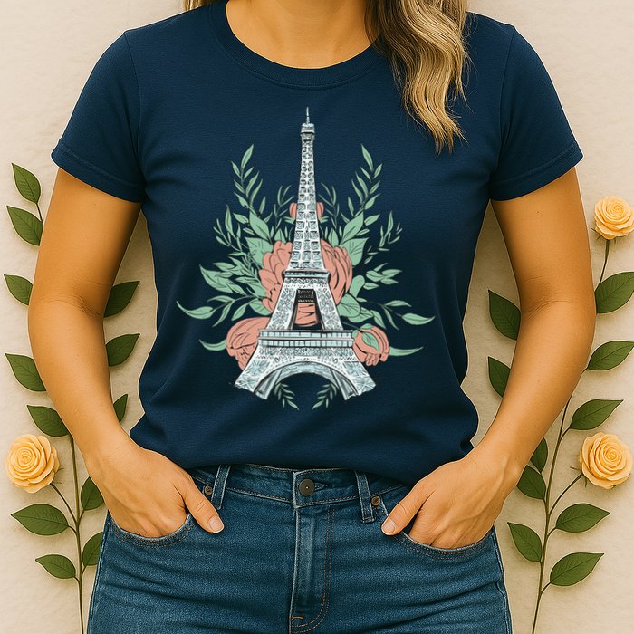 Eiffel Tower Rose Floral Womens T-Shirt