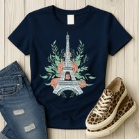 Eiffel Tower Rose Floral Womens T-Shirt