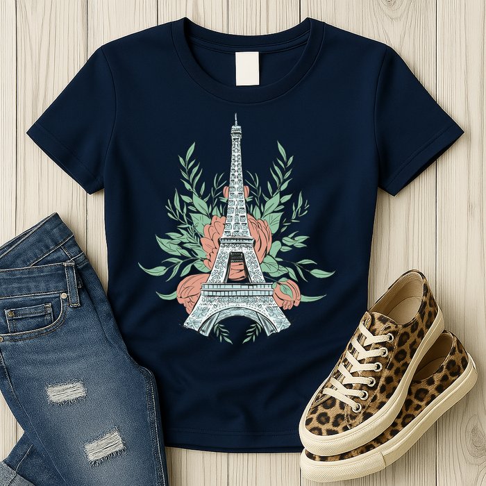 Eiffel Tower Rose Floral Womens T-Shirt