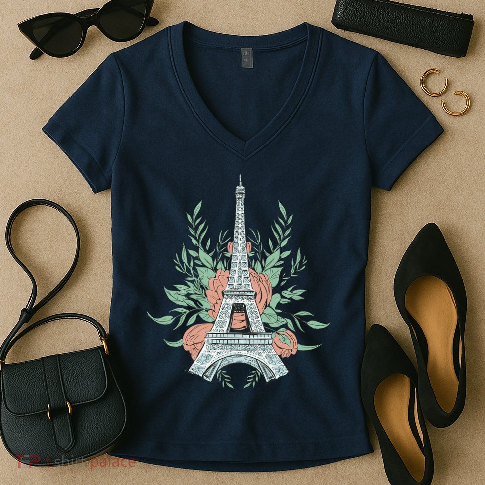 Eiffel Tower Rose Floral Women's V-Neck T-Shirt