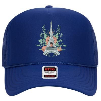 Eiffel Tower Rose Floral High Crown Mesh Back Trucker Hat