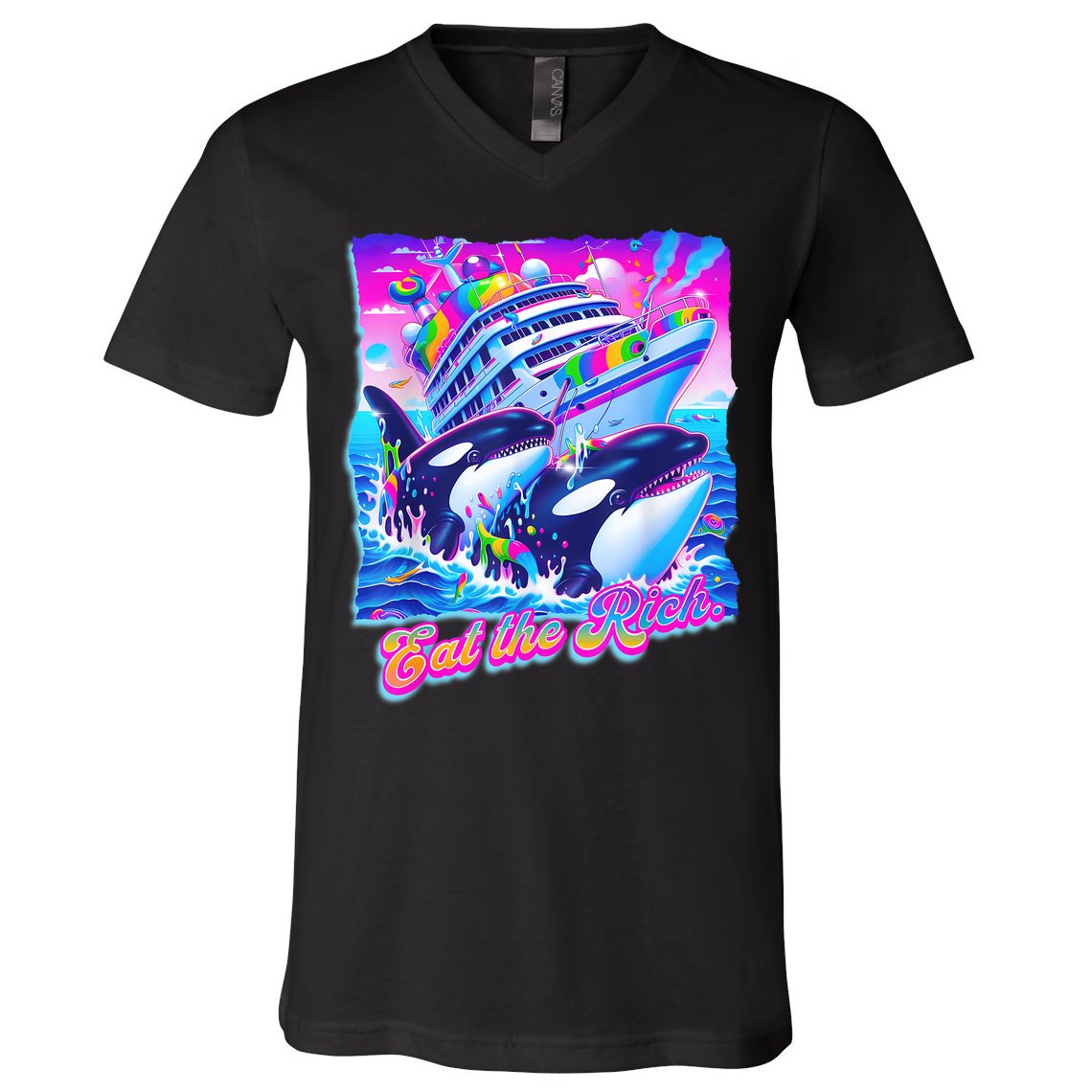 Eat The Rich Whale 90s Orca Funny Whale Animal Yacht Retro V-Neck T-Shirt