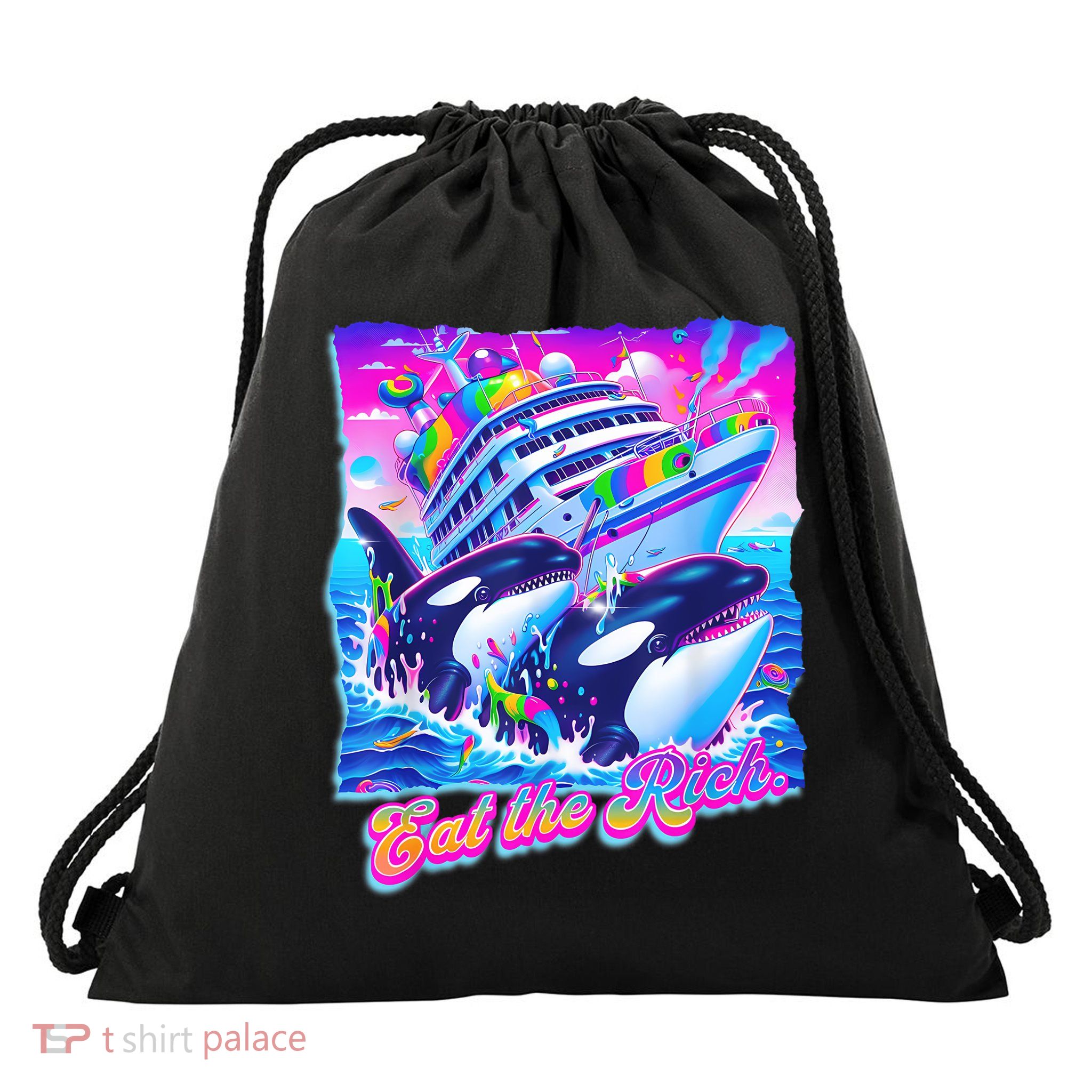 Eat The Rich Whale 90s Orca Funny Whale Animal Yacht Retro Drawstring Bag