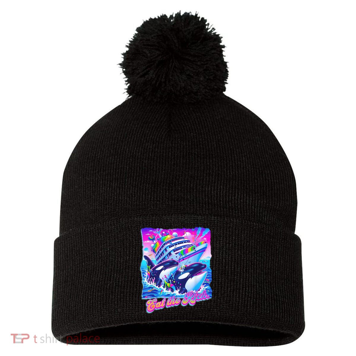 Eat The Rich Whale 90s Orca Funny Whale Animal Yacht Retro Pom Pom 12in Knit Beanie