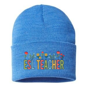 Esl Teacher Retro Wildflowers Back To School Gift Sustainable Knit Beanie