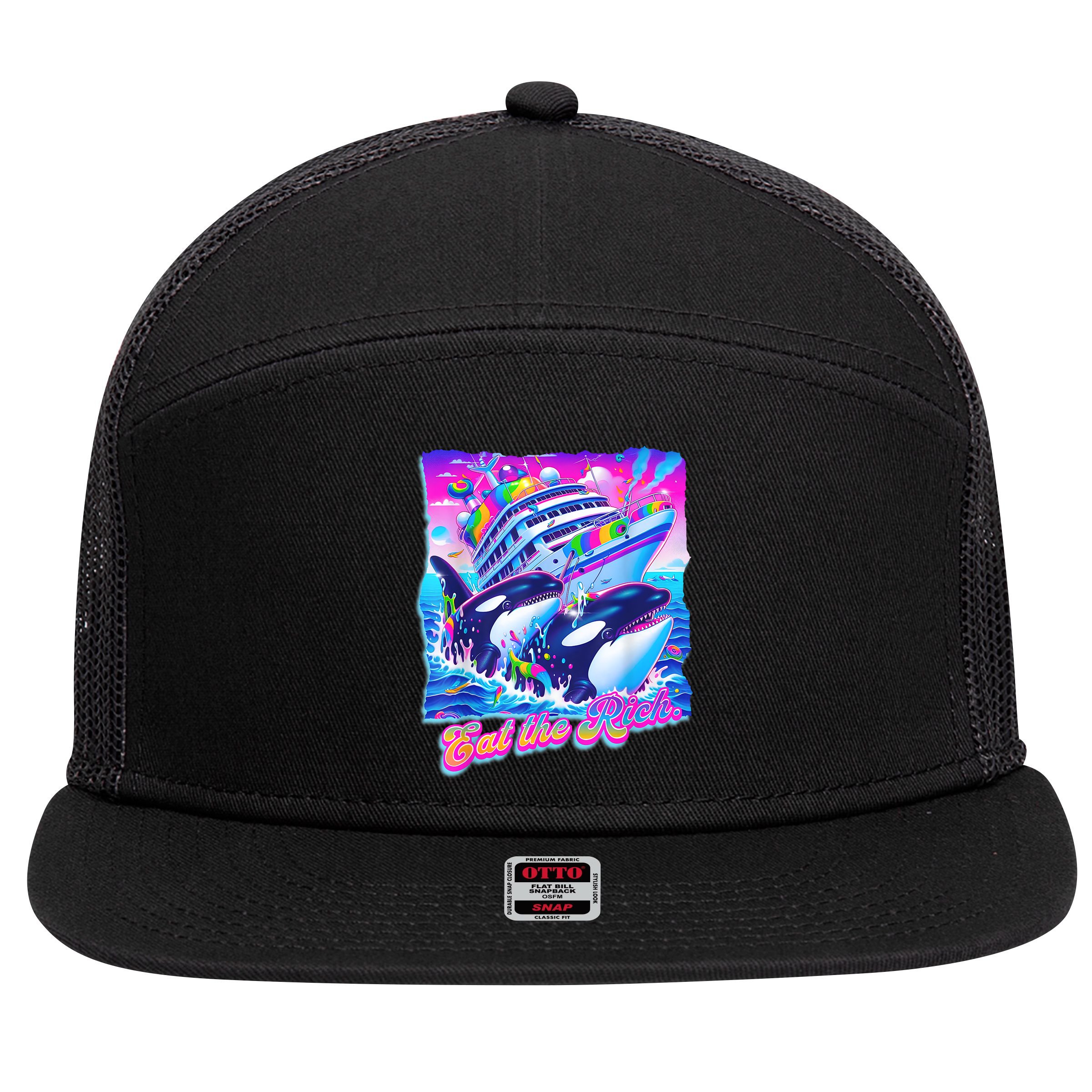 Eat The Rich Whale 90s Orca Funny Whale Animal Yacht Retro 7 Panel Mesh Trucker Snapback Hat