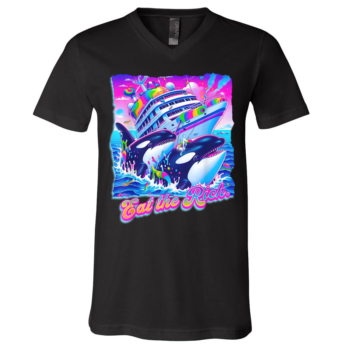 Eat The Rich Whale 90s Orca Funny Whale Animal Yacht Retro V-Neck T-Shirt