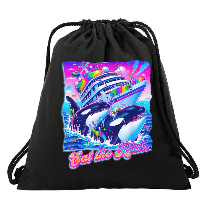 Eat The Rich Whale 90s Orca Funny Whale Animal Yacht Retro Drawstring Bag