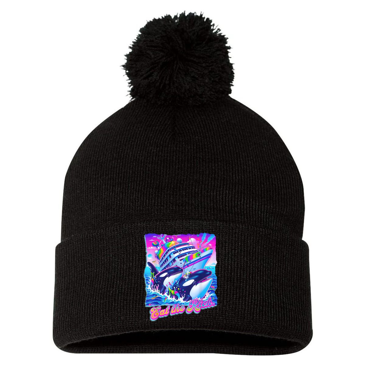 Eat The Rich Whale 90s Orca Funny Whale Animal Yacht Retro Pom Pom 12in Knit Beanie